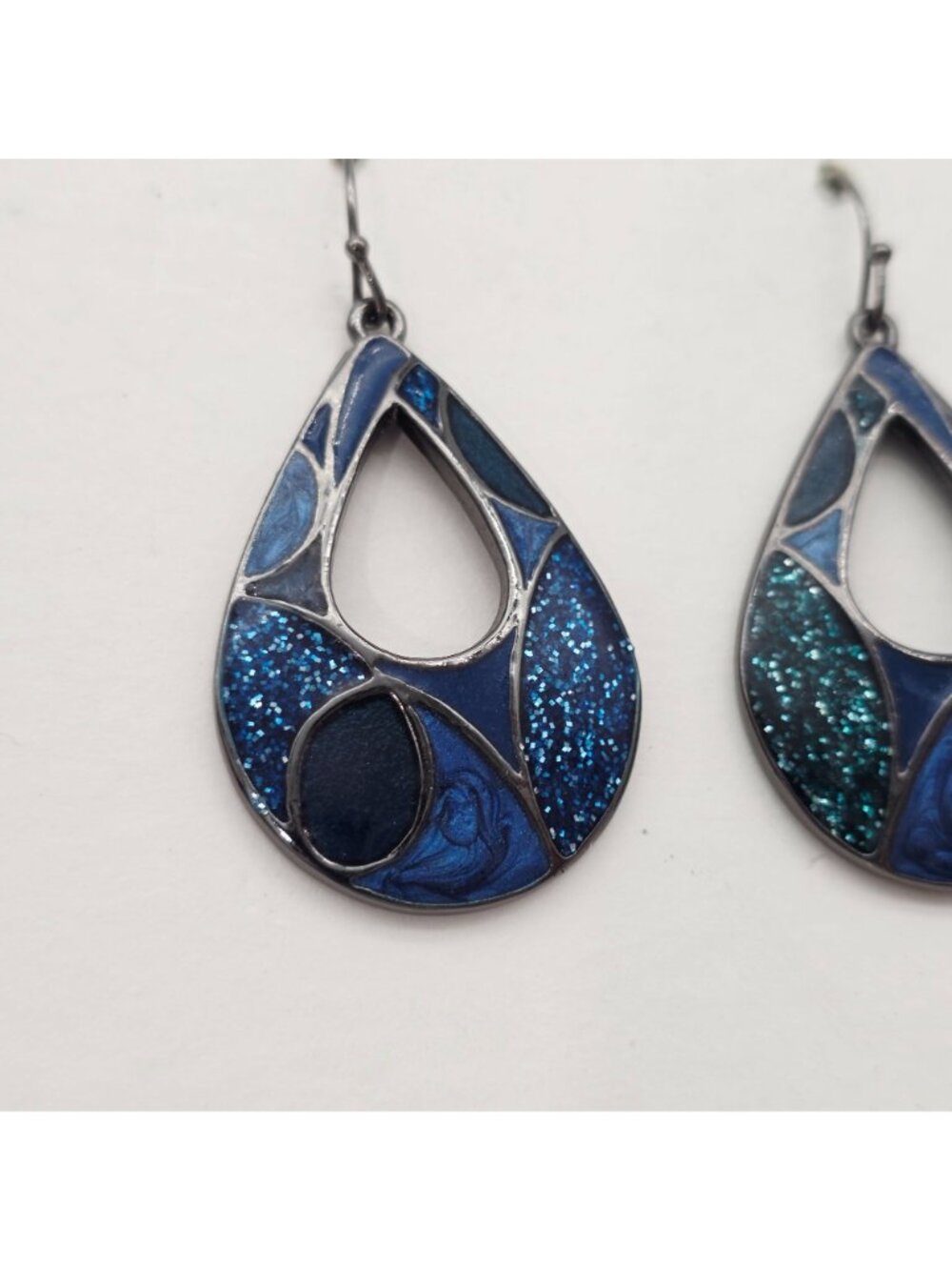 Teardrop Dangle Earrings With Blue & Green Enamel Glitter Mosaic Design - Picture 2 of 5